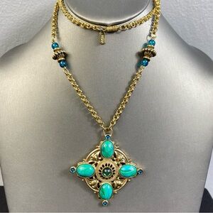 Vintage 1928 Chain Necklace Gold Tone Faux Pearl & Blue Green Cabochons 28"